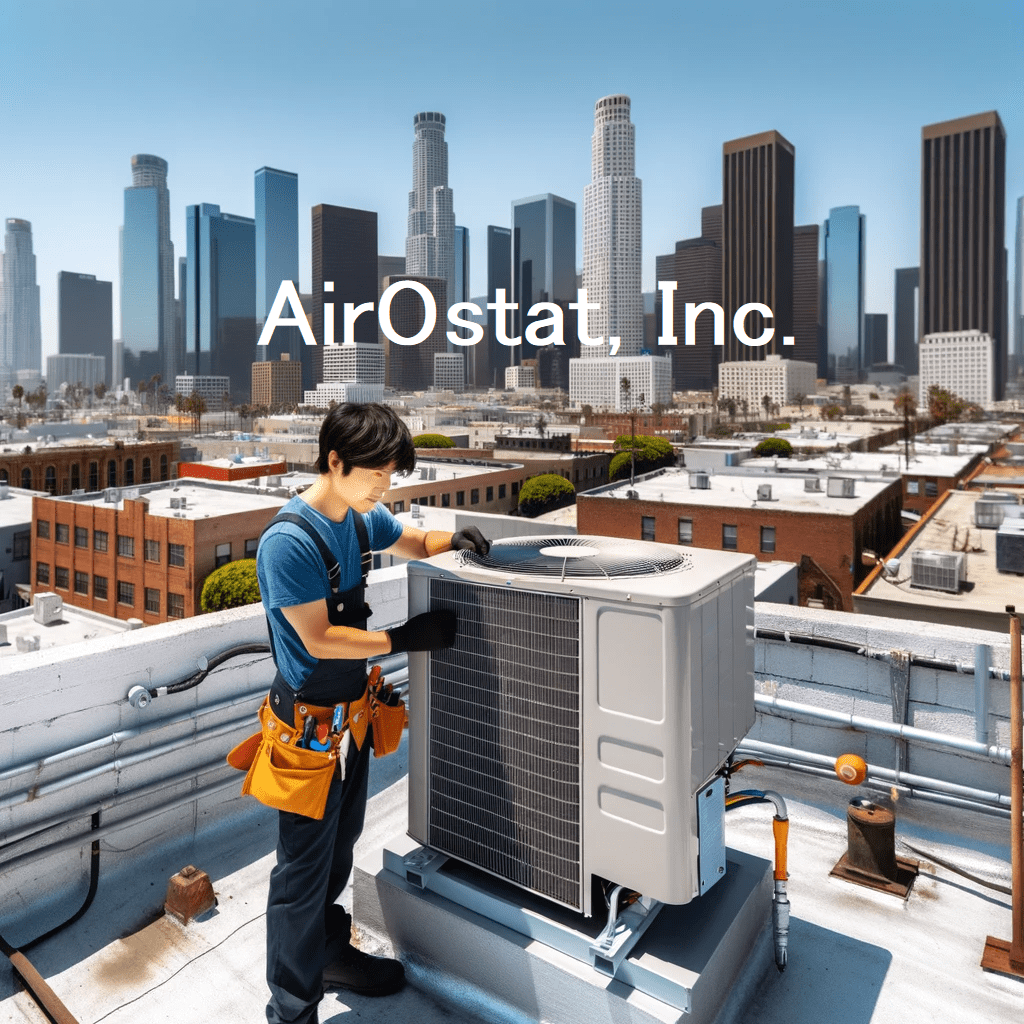 Photo of a commercial building rooftop in Los Angeles with a newly installed air conditioning unit. Skyscrapers can be seen in the background-min
